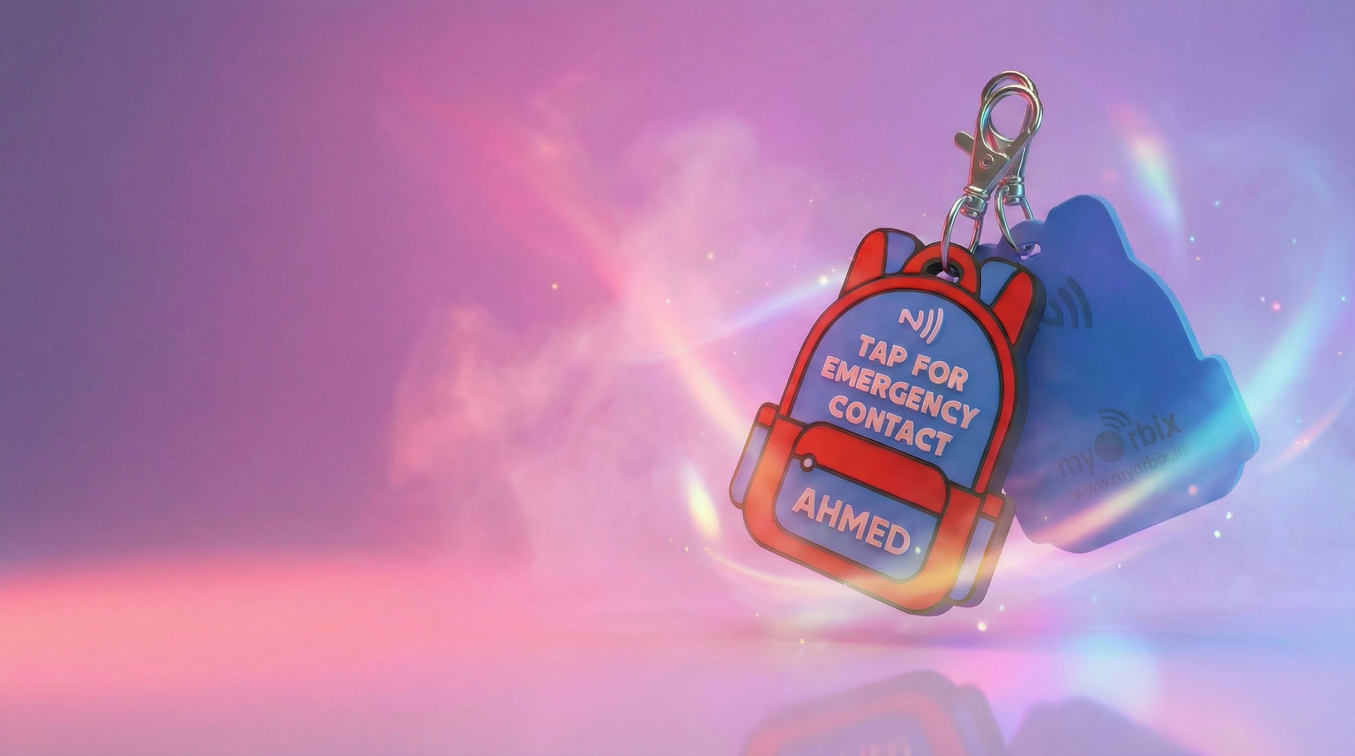 NFC keychain with phone showing tap for emergency contact - personalized with AHMED name